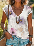 Vintage Floral Art Print 100%Cotton V-neck T-Shirt