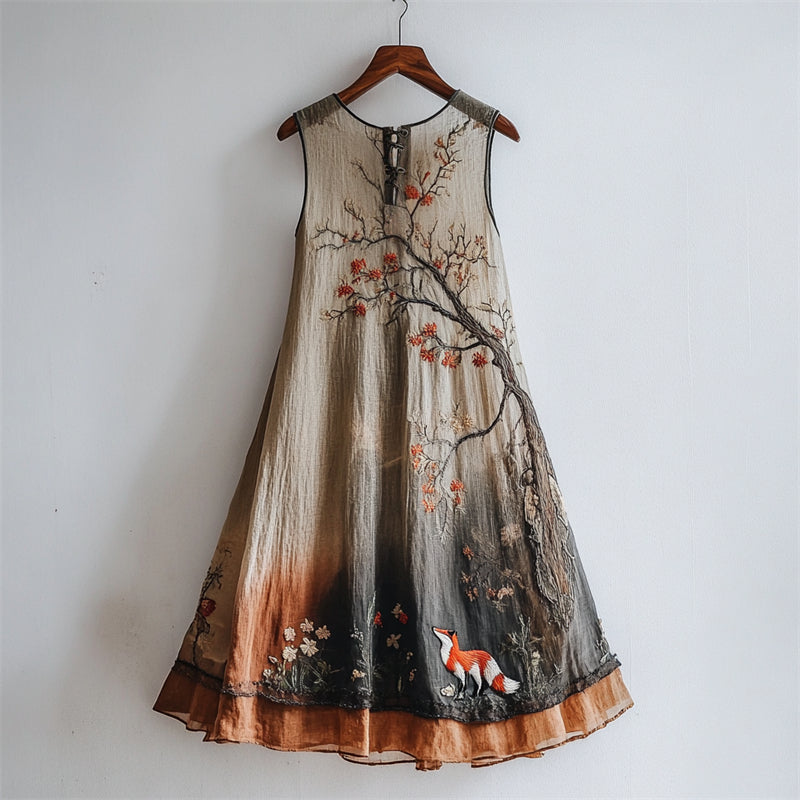 Classy Fox Floral Tree Embroidered Gradient Flowy Linen Dress elevenforest