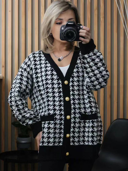 Urban Long Sleeves Checkered V-neck Cardigan Tops