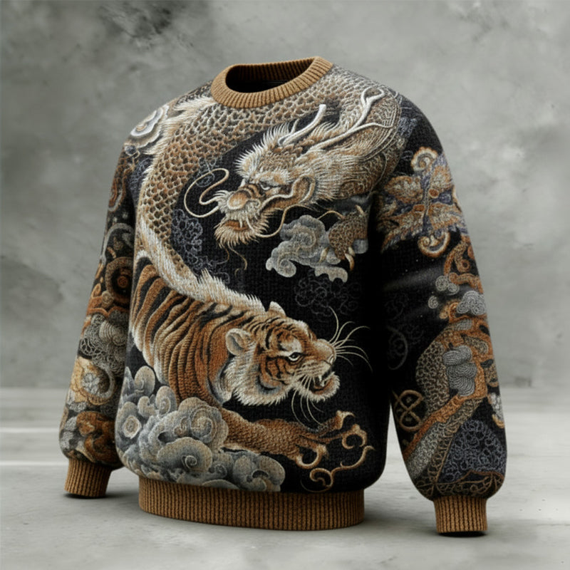 Men's Japanese Style Tiger And Dragon Round Neck Knitted Sweater elevenforest
