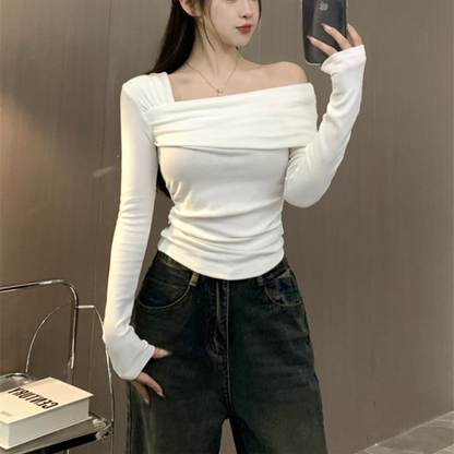 Off Shoulder T-shirts Long Sleeve Shirts Cropped Tops Clubwear Skew Collar Warm Pullovers