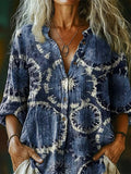 Women's Bohemian Vintage Tie-Dye Art Print Casual Cotton Linen Shirt