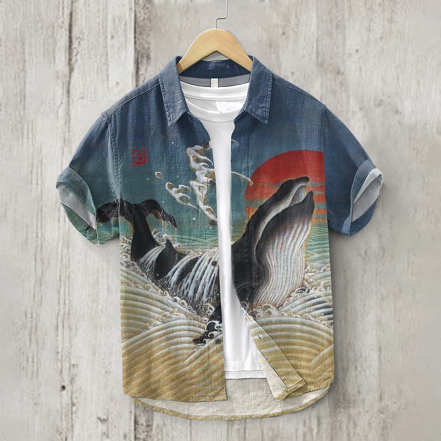 Vintage Japanese Art Whale Linen Blend Shirt elevenforest