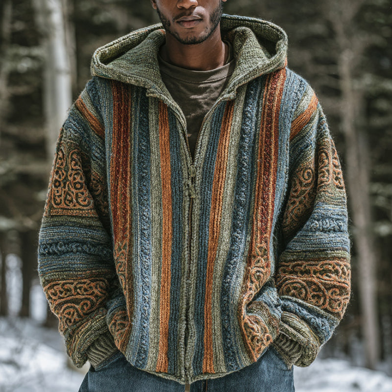 Men's Vintage Colorful Striped Celtic Jacquard Thick Warm Zip Hooded Sweater Cardigan elevenforest