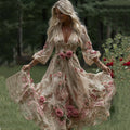 Women's Vintage Rose Floral Embroidery Art Casual V Neck Maxi Dress elevenforest