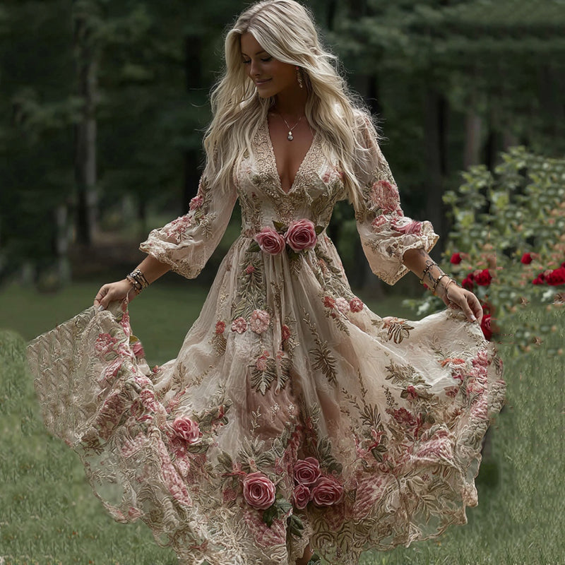 Women's Vintage Rose Floral Embroidery Art Casual V Neck Maxi Dress elevenforest