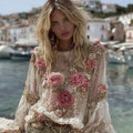 Women's Vintage Rose Floral Embroidery Casual Crew Neck Shirt elevenforest