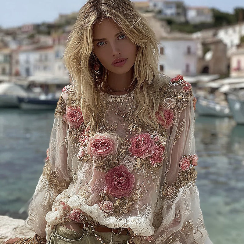 Women's Vintage Rose Floral Embroidery Casual Crew Neck Shirt elevenforest