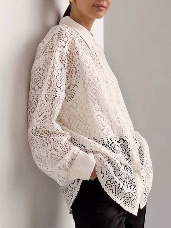 Long Sleeves Loose Buttoned Hollow See-through Color Sun Protection Lapel Collar Blouses&shirts Tops