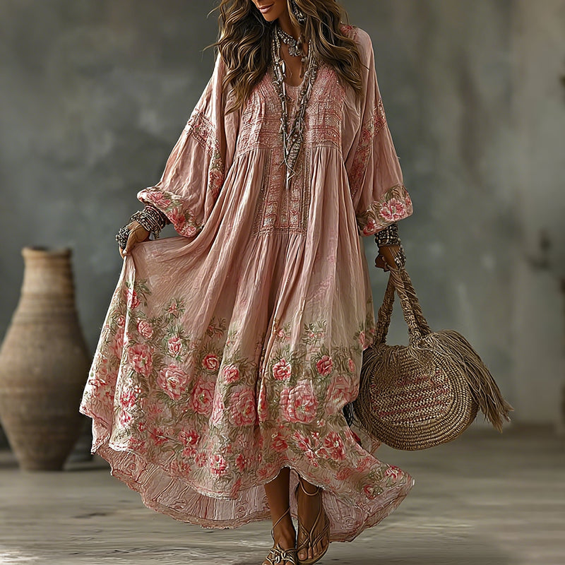 Women's Vintage Vacation Floral Art Flowy Linen Blend Casual Round Neck Long Sleeve Maxi Dress elevenforest