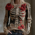 Comstylish Women's Vintage Halloween Skeleton Red Rose Art Knit Pullover Sweater