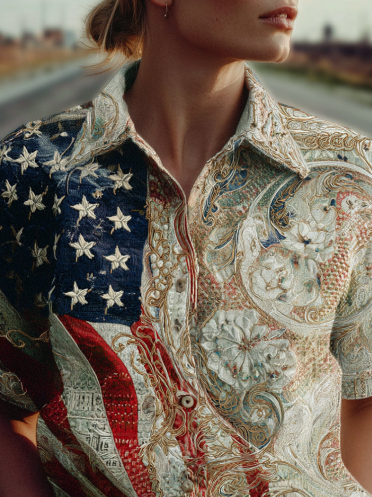 Independence Day Lace-up Lapel Short-sleeved Shirt elevenforest