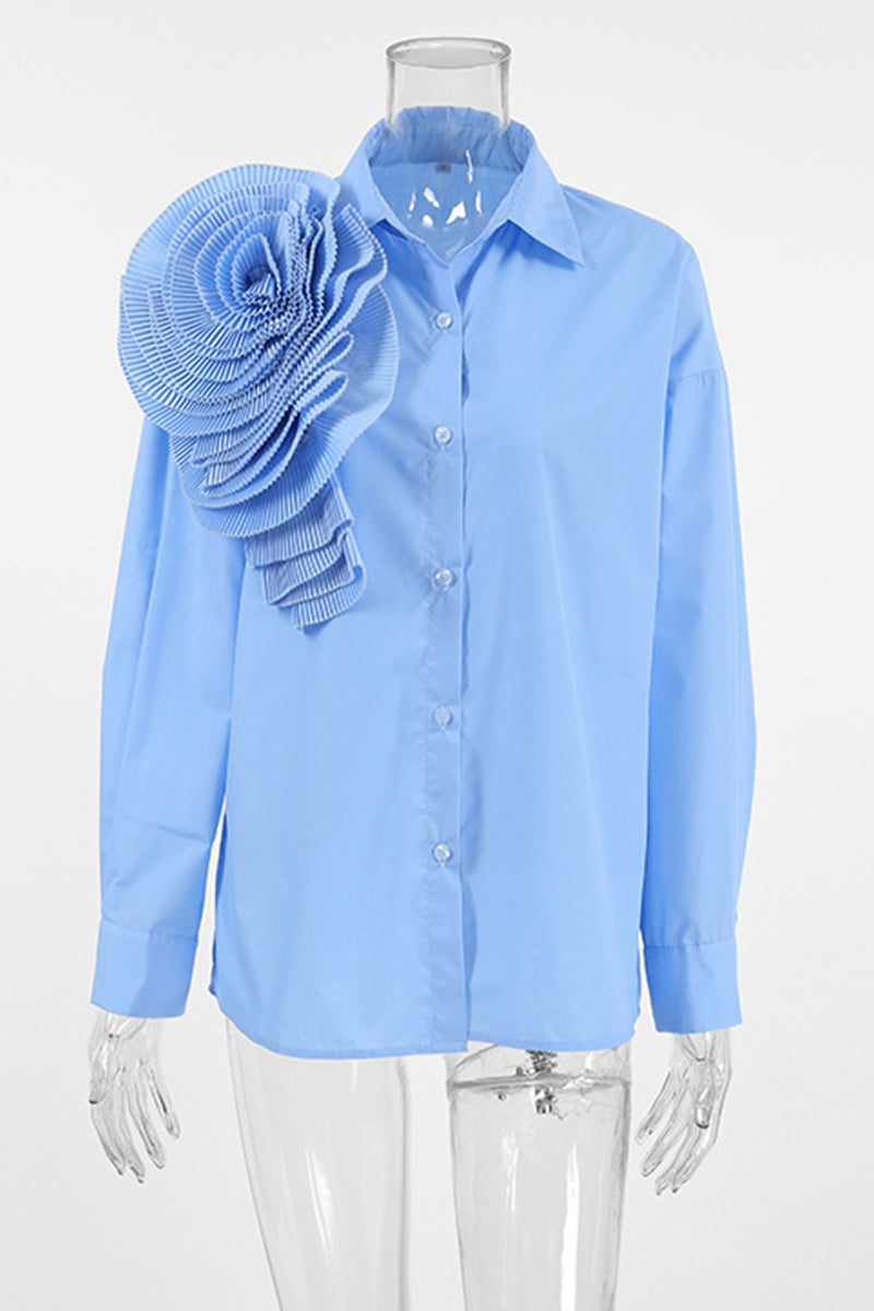 Flowers Three-dimensional Pattern Turndown Collar Tops