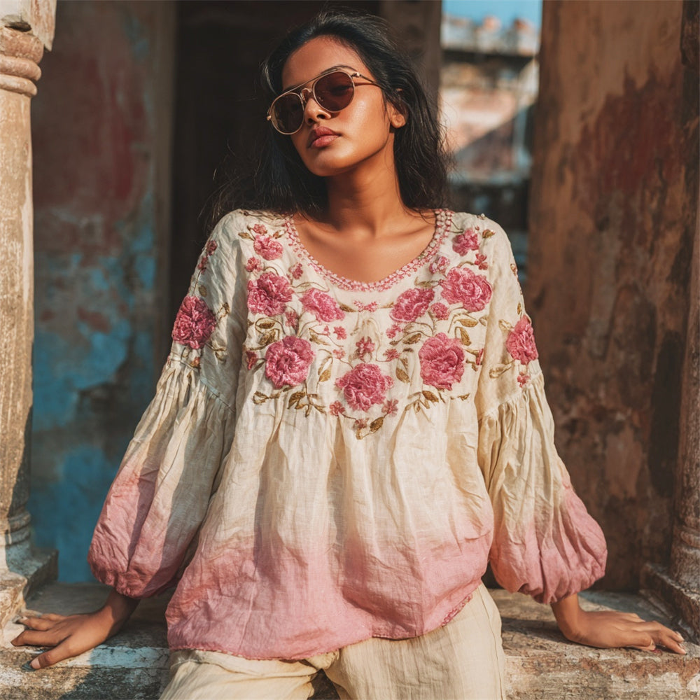Vintage Rose Romantic Embroidery Women's Linen Loose Shirt elevenforest