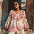 Vintage Rose Romantic Embroidery Women's Linen Loose Shirt elevenforest
