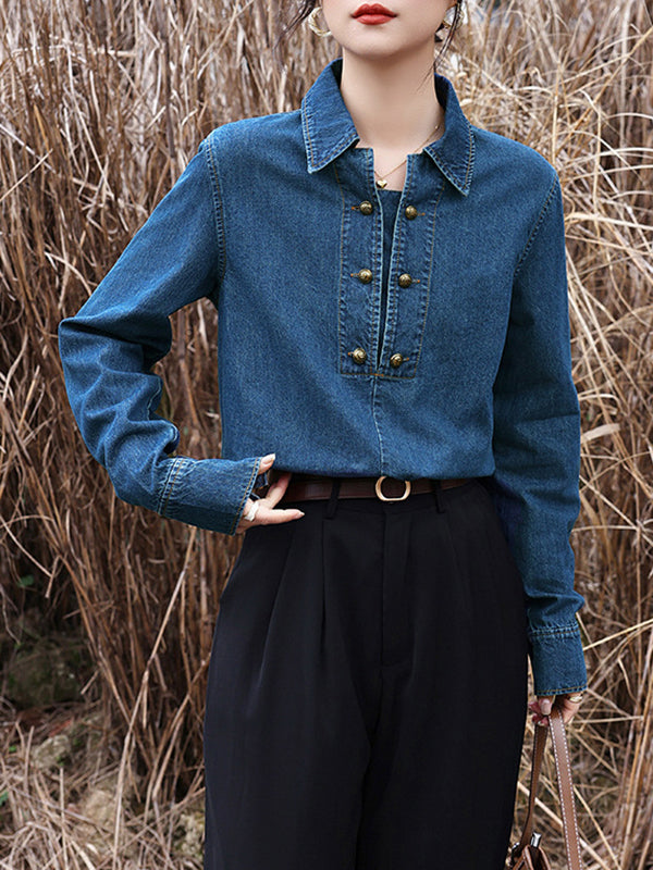 Long Sleeves Loose Buttoned Split-joint Lapel Blouses&shirts Tops
