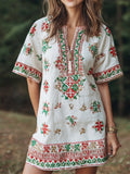 Iranian Elements Bohemian Floral Embroidery Women's V-neck Mini Dress elevenforest