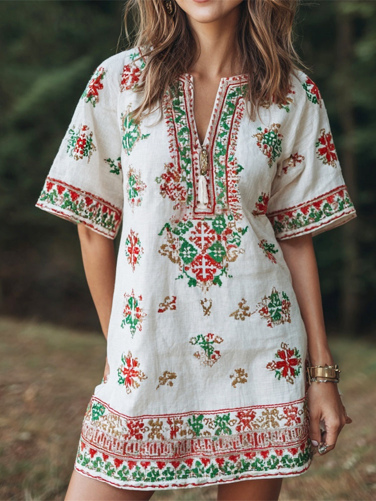 Iranian Elements Bohemian Floral Embroidery Women's V-neck Mini Dress elevenforest