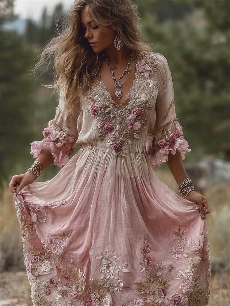 Boho Pink Roses Lace Gradient Linen Maxi Dress elevenforest