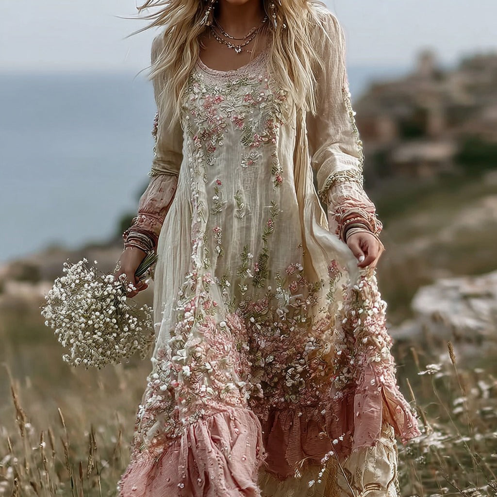 Women's Vintage Gypsophila Floral Pattern Casual Linen Maxi Dress elevenforest