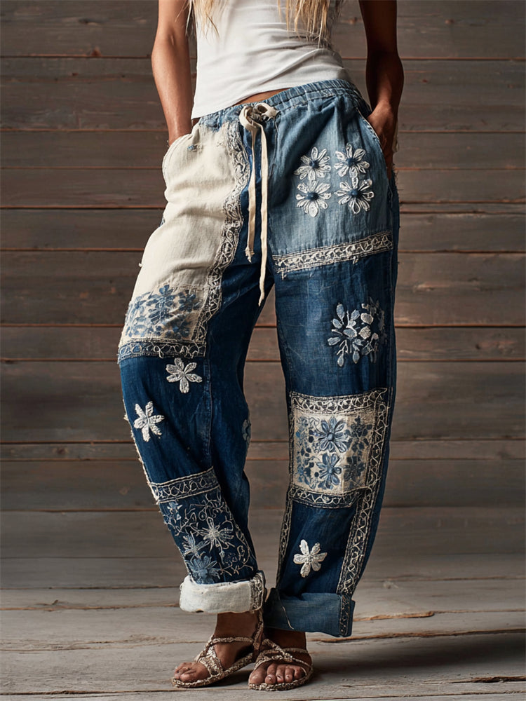 Boho Floral Embroidered Colorblock Patchwork Casual Linen Pants elevenforest