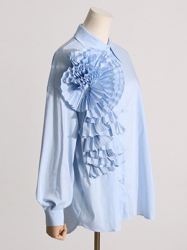 Long Sleeves Loose Asymmetric Buttoned Pleated Color Split-joint Three-dimensional Flower Lapel Blouses&shirts Tops