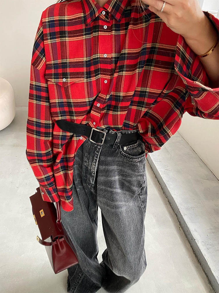Bright Gingham Shirts for Street Style Shacket Blouses and Tops Single-breasted Autumn