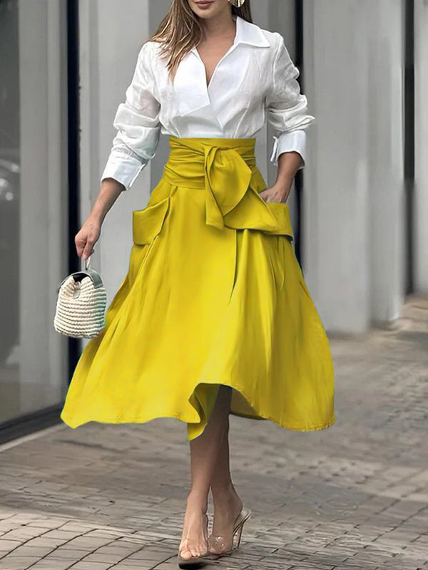 A-line Loose Pockets Color Split-joint Tied Waist Skirts Bottoms