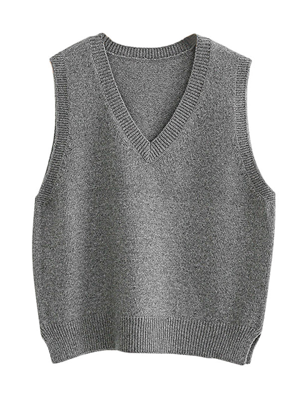 Loose Sleeveless Color V-neck Sweater Vest Outerwear