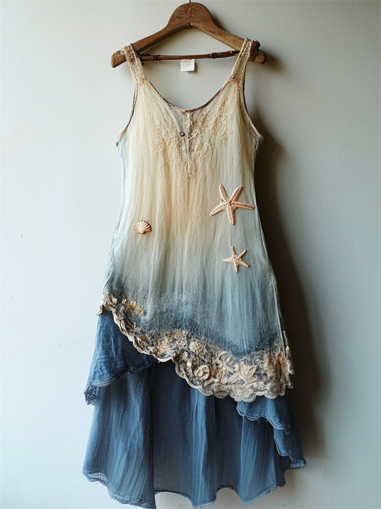 Starfish & Sea Shell Embroidered Sea Waves Gradient Lace Flowy Linen Dress elevenforest