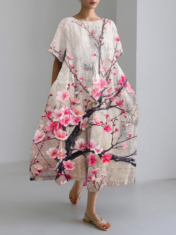 Comstylish Cherry Blossom Festival Art Flower Women's Linen Maxi Dress