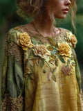 Vintage Yellow Roses Lace Hem Contrast Linen Tunic elevenforest