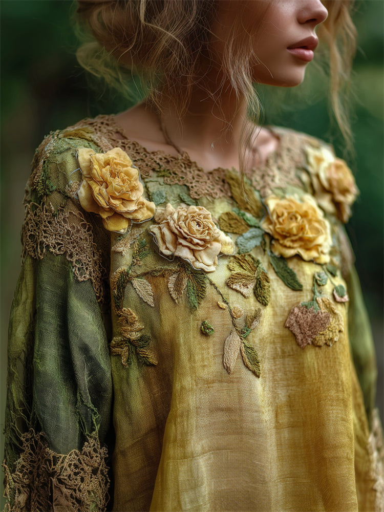 Vintage Yellow Roses Lace Hem Contrast Linen Tunic elevenforest