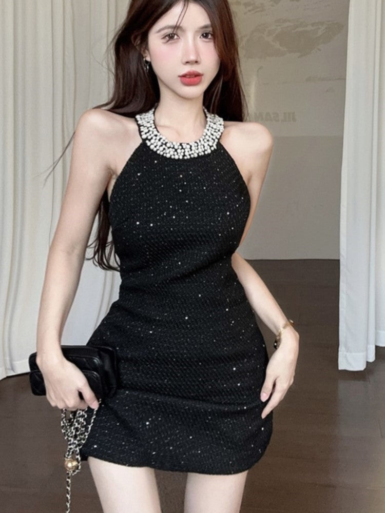 Halter Mini Dress Sleeveless Rhinestone Patchwork Shiny Slim Backless Evening Party Dresses Club Prom Vestido