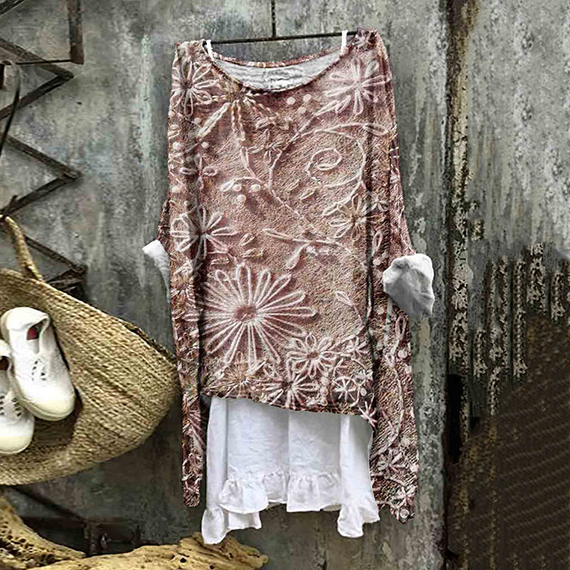 Comstylish Vintage Floral Lace Embroidered Linen Blend Flowy Tunic
