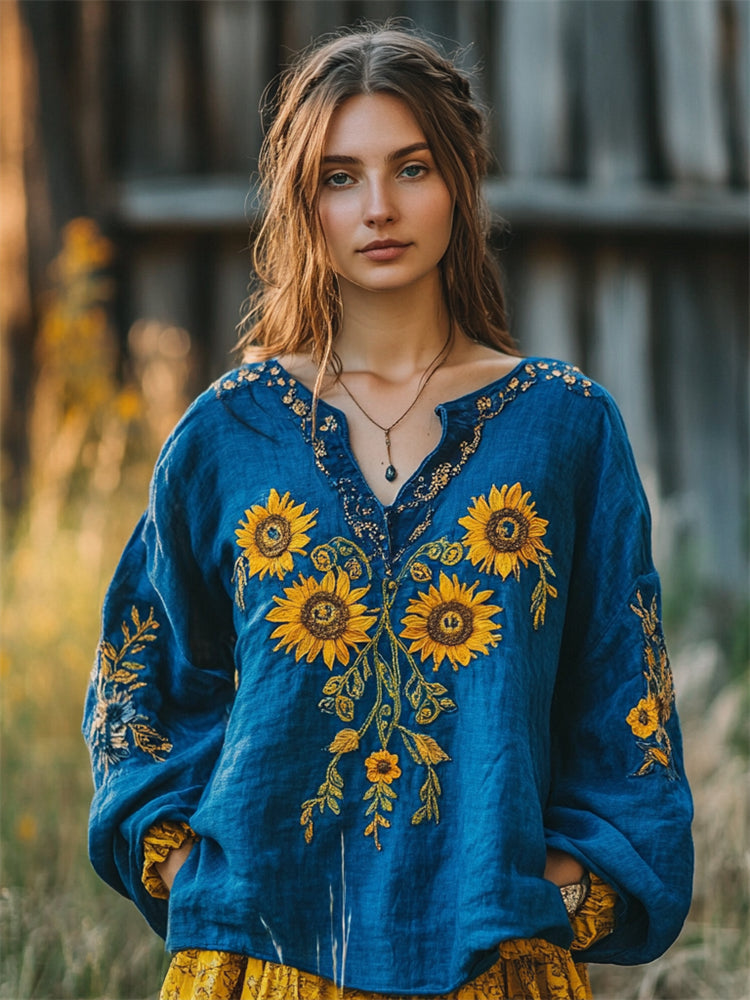 Vintage Sunflowers Ethnic Embroidered Linen Blend Tunic elevenforest