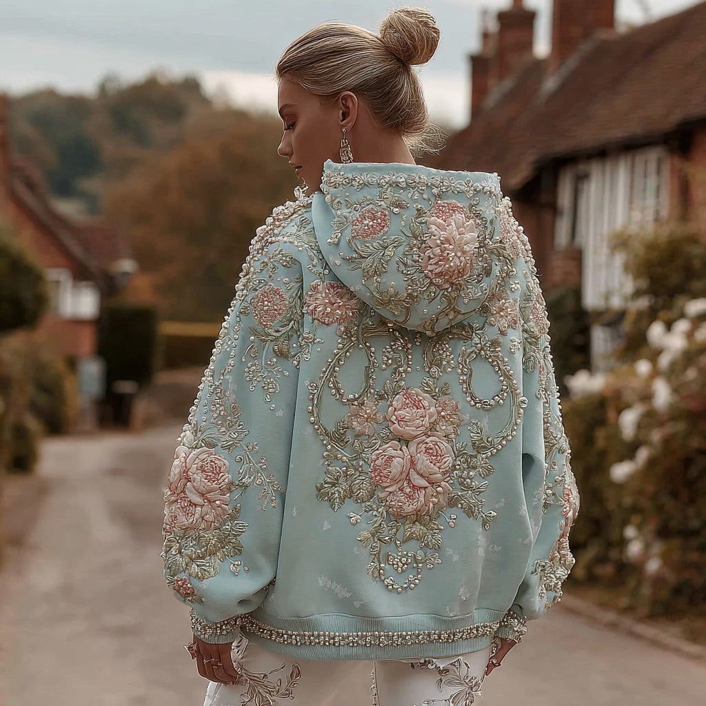 Women's Retro Bohemian Floral Embroidery Casual Hooded Sweatshirt elevenforest