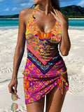 Colorful Vintage Flower Pattern Print Pleated Drawstring V-neck Tankini Pantskirt Set Swimsuit