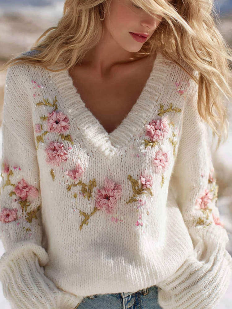 Bohemian Style Floral Embroidery Women's V-neck Knitted Sweater elevenforest