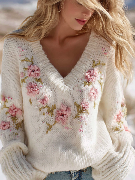 Bohemian Style Floral Embroidery Women's V-neck Knitted Sweater artswardrobe