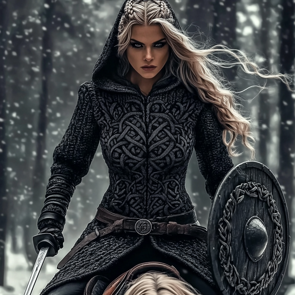 Women's Viking Tribal Jacquard Celtic Chunky Knit Zip-up Hooded Sweater elevenforest