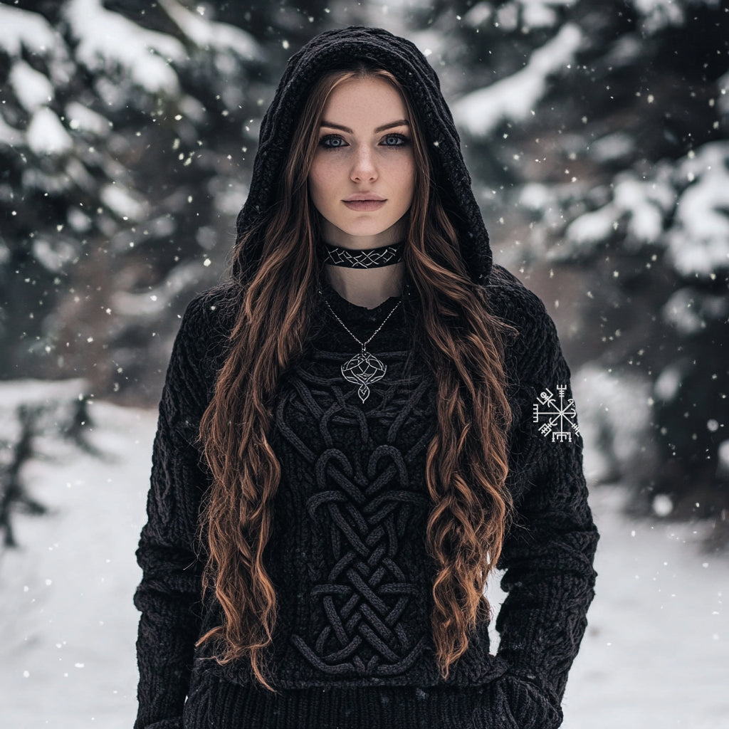 Women's Viking Style Knitted Jacquard Hooded Sweater elevenforest