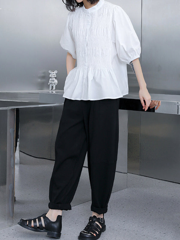 Loose Puff Sleeves Pleated Color Round-neck Blouses&shirts Tops