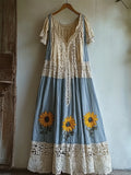 Boho Sunflowers Embroidered Lace Patchwork Linen Maxi Dress elevenforest