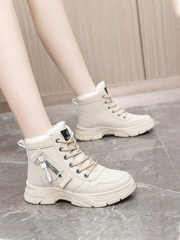 Lace-up Round Toe Sport With Warm Plush Snow Boots