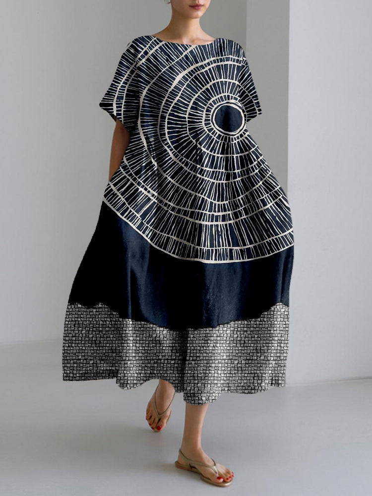 Vintage Abstract Art Pattern Linen Blend Maxi Dress elevenforest