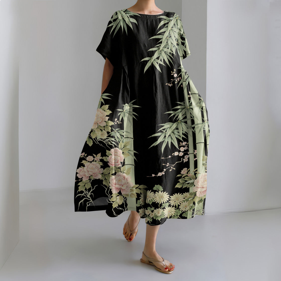 Women's Japanese Flower Art Print Short Sleeve Midi Dress elevenforest