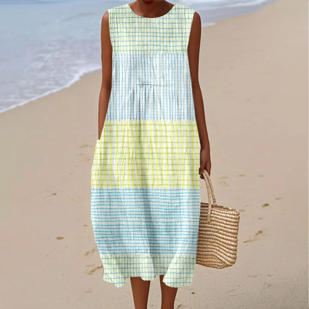 Women's Vintage Abstract Geometric Art Linen Vest Dress elevenforest