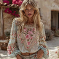 Women's Bohemian Floral Embroidered Crew Neck Shirt elevenforest