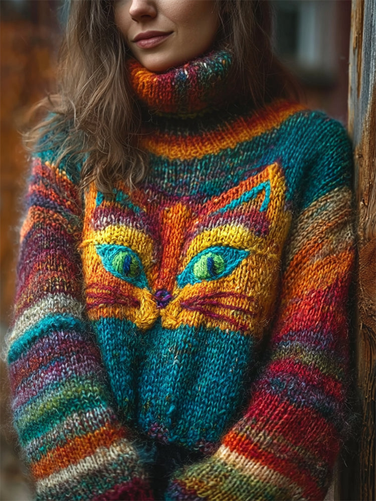 Vintage Cat Face Colorblock Cozy Chunky Turtleneck Sweater elevenforest